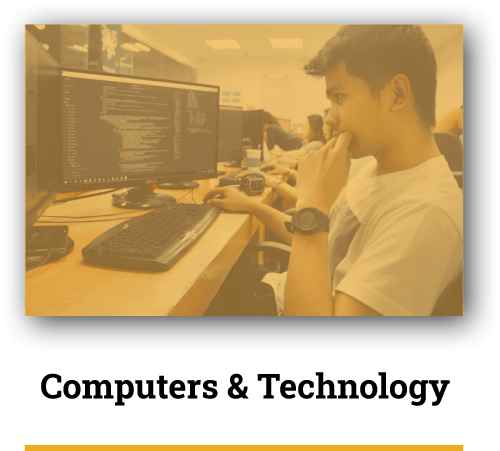 student at computer looking at code with yellow overlay